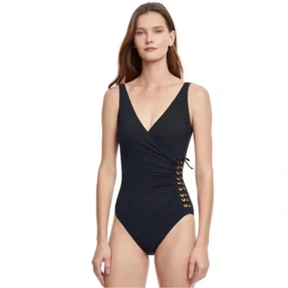 Gottex Golden Touch Surplice Tank Swimsuit Black Size 10 - Picture 6 of 14